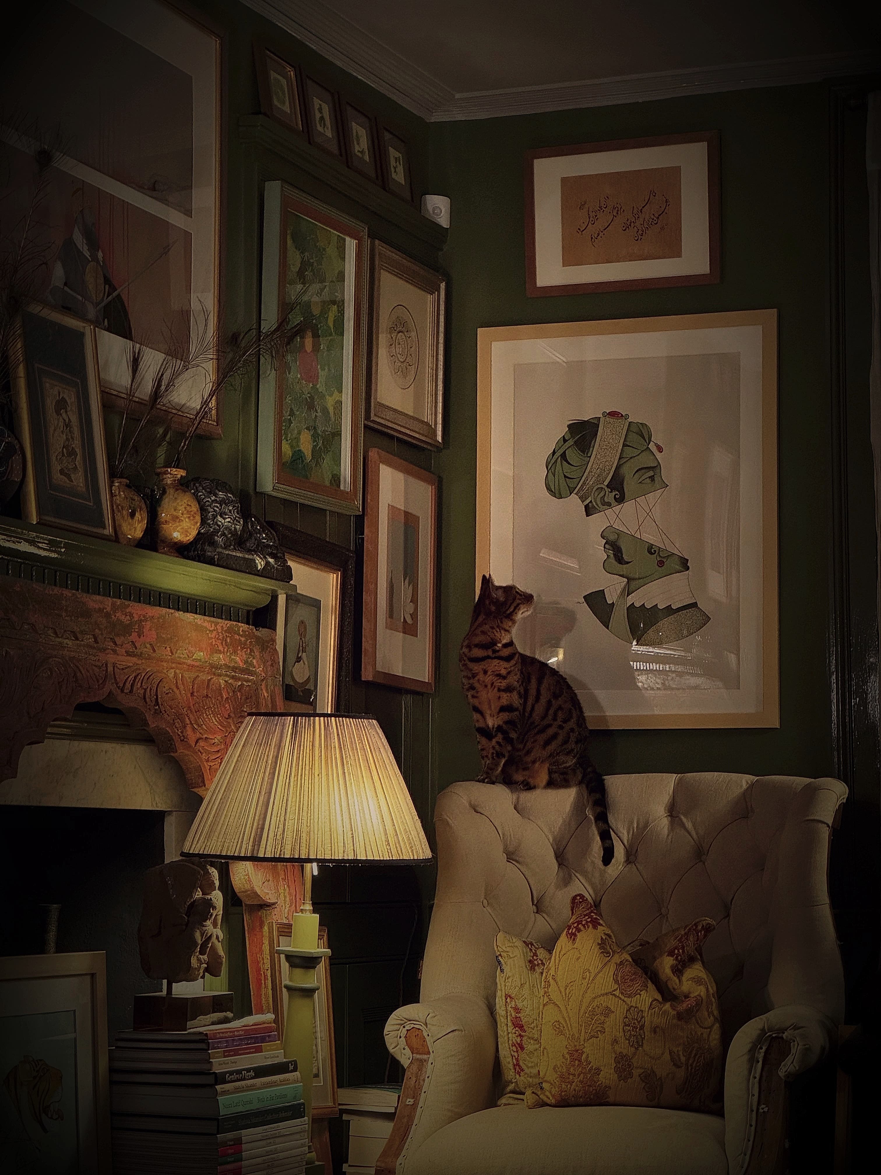 Pictures hung on a dark green wall, a cat on the armchair beneath them